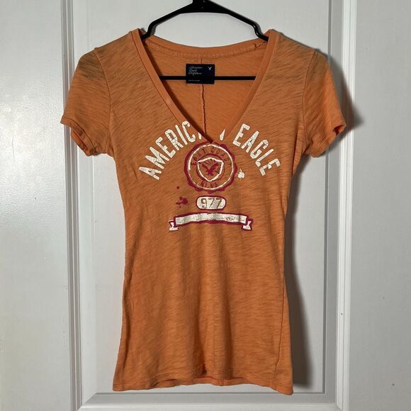 Vintage Y2K Orange Pink Graphic Tee Deep V-Neck American Eagle Outfitters XS - Picture 3 of 7